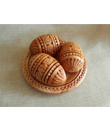 Set Carved Wooden Easter Eggs on Plate Handmade Ukrainian Pysanky Pysank... - £12.00 GBP