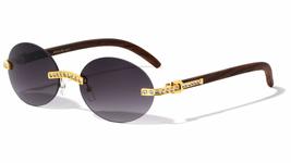 Dweebzilla Slim Oval Round Rimless Rhinestone Metal &amp; Faux Wood Luxury Sunglasse - £11.71 GBP