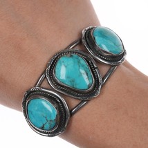 5 5/8&quot; Vintage Native American silver cuff bracelet with turquoise - £114.71 GBP