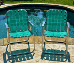 Two Webbed Aluminum Folding Lawn Chairs Teal Green Beach Patio Camp Pool Vintage - £61.63 GBP