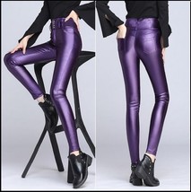 Purple Stretch Faux Leather High Waisted Button Up Skinny Pencil Trousers image 2