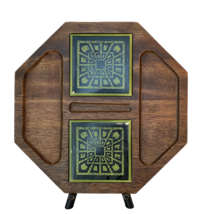 Vintage Japanese Hand Carved Hardwood Octagon Serving Tray w/ Green Tile - £39.10 GBP