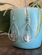 Silver Tone Earrings with Turquoise Glass Beads Teardrop Oval Shaped with Cactus - £17.85 GBP