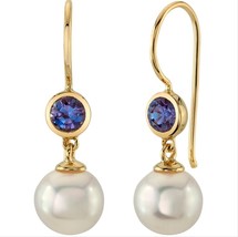 14K Yellow Gold 8mm Freshwater Cultured Pearl &amp; Created Alexandrite Earrings - £216.61 GBP