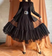 BLACK Tiered Tulle Skirt Outfit Adult Black Layered Tulle Midi Skirts Plus Size  image 4
