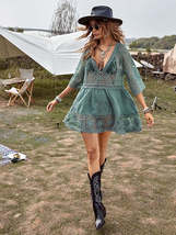 Women Deep V Neck Bohemian Beach Outing Sheer Sexy Bathing Suit Cover UP Lace Tu - £19.98 GBP