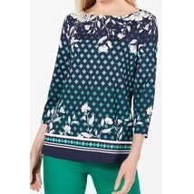 Charter Club Womens L Navy Blue Combo Floral Geometric 3/4 Sleeve Top NWT CL10 - £27.32 GBP