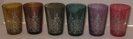 6 Vtg Multicolor Silver Scroll Design Juice Glasses Pink Blue Green Yellow+ - £22.51 GBP