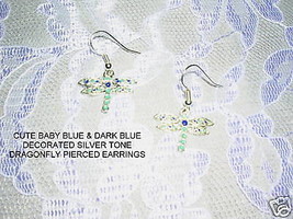 Silver Tone Dragonfly W Dk &amp; Baby Blue Earrings Jewelry - £3.18 GBP