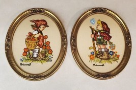 Completed Hummel Embroidered Pictures Boy &amp; Girl Gold Oval Framed  - $29.50