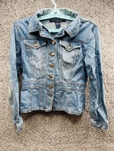 Women&#39;s QPD Denim Pocket Collar Cotton Button Up Jacket Blue Size M Long... - $26.52