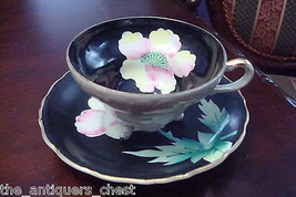 Unmarked footed cup and saucer made in Japan, black with pink flowers[a*5-b2] - £23.26 GBP