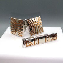 Modernist Cuff Links and Tie Bar, Swank Mid Century Copper Design in Silver Tone - £39.33 GBP