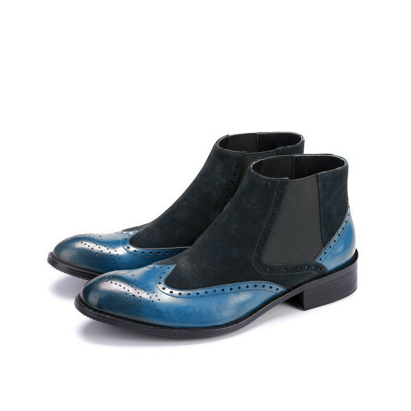 Blue Color Chelsea Brogue Toe Wing Tip Black Suede Leather Ankle Boots US 7-16