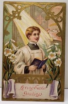 Easter Greetings Choir Boy Gilded Embossed Postcard E11 - £4.78 GBP