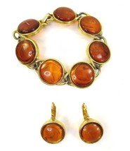 VTGAmber Glass Cabochon Bracelet  Clip On Earring set Signed ART Arthur Pepper - £22.19 GBP