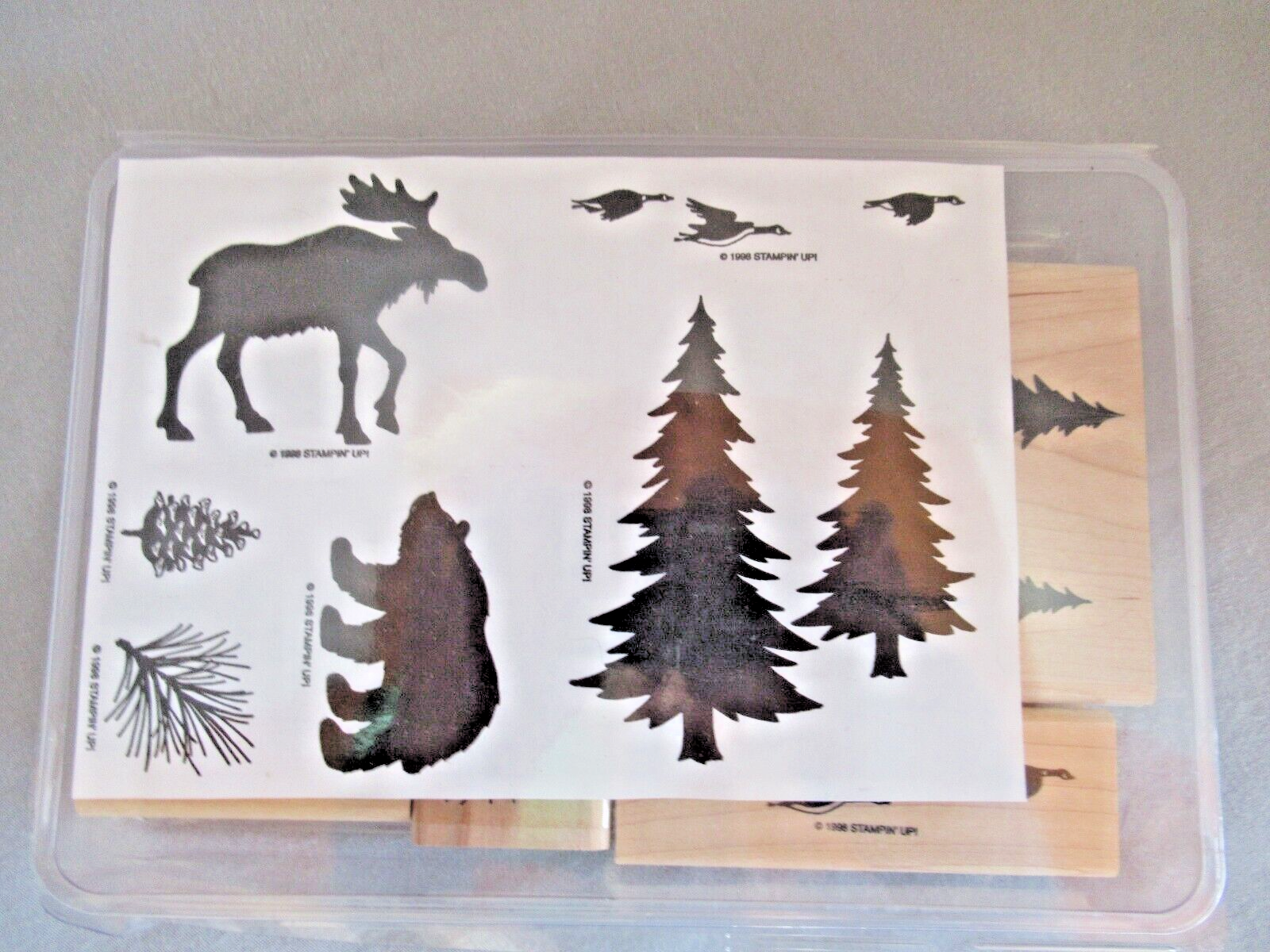 Stampin Up! 1998 wood block set 6 pieces pine trees moose bear geese pine cone - $13.67
