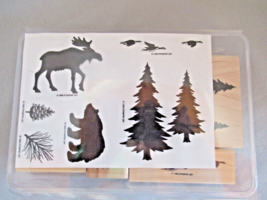 Stampin Up! 1998 wood block set 6 pieces pine trees moose bear geese pine cone - $13.67