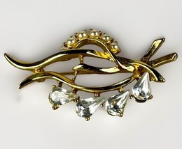 Vintage Gold Plated w/ Rhinestones Faux Pearl Pin/Brooch - $13.96