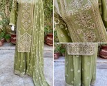 Pakistani Green Straight Style Embroidered Sequins Chiffon Sharara Dress,S - $138.60