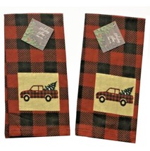 Christmas Red Farm Truck Dish Towels Buffalo Check 16x26&quot; Set of 2 Cabin... - $24.38