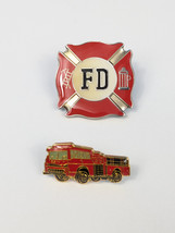 Fire Dept Engine Rescue Logo Symbol 1st Responder VTG Pin Hat Tac Lot of 2 - £5.80 GBP