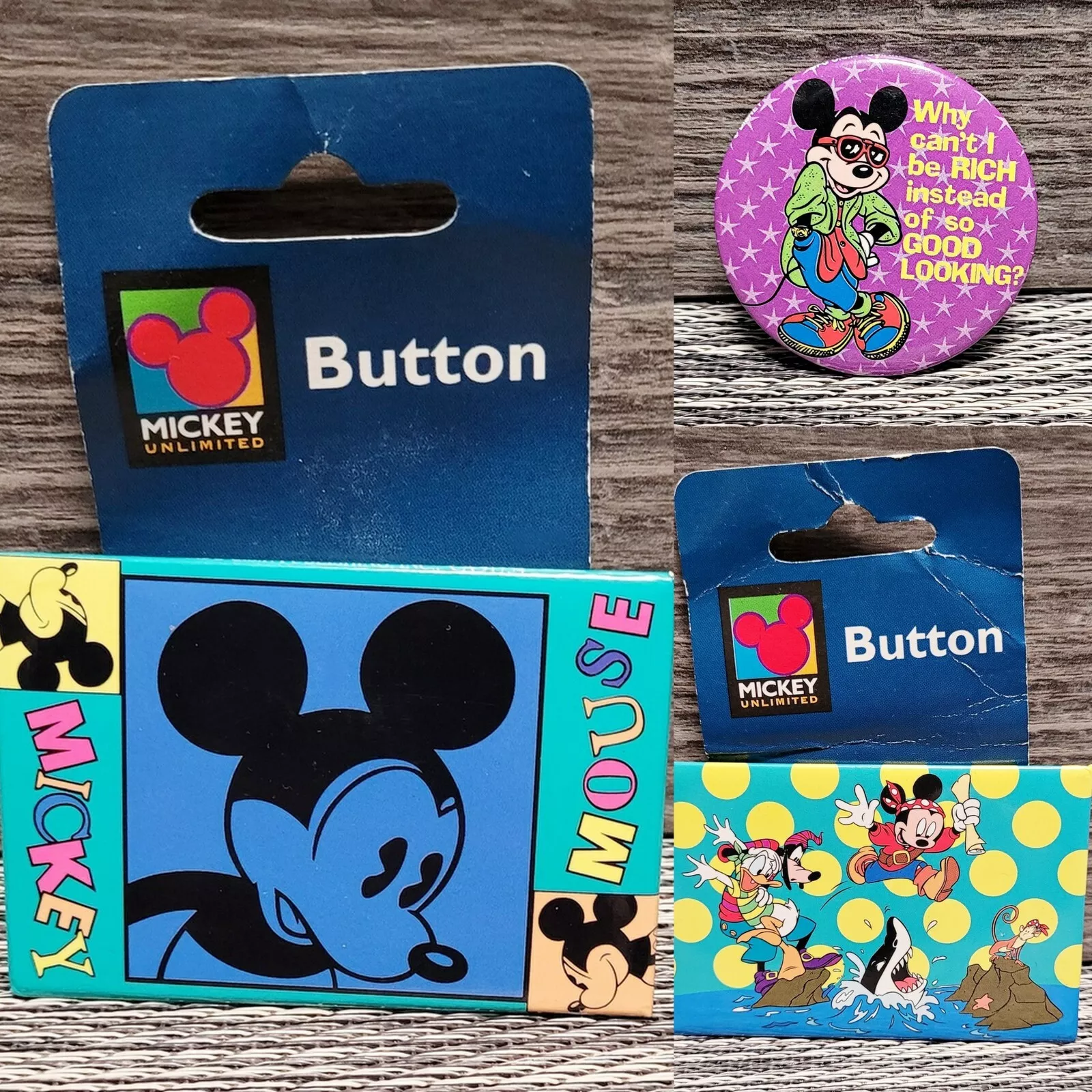 3 Vintage Mickey Button Pins Two Mint on Cards - $8.95