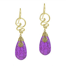 Graceful Purple Howlite Teardrop w/ Swirling Brass Dangle Earrings - £9.33 GBP