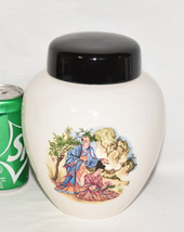 Vintage Asian Theme Ginger Jar w Garden Scene 8&quot; Porcelain Jar w Lid Signed - £7.86 GBP
