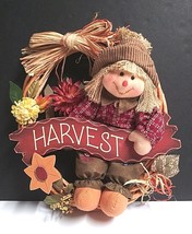 Harvest Autumn Cloth Scarecrow Fall Pumpkin Decor Wicker &amp; Wood Wreath 16&quot;h  - £23.59 GBP