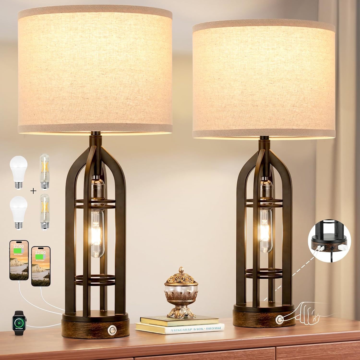 Table Lamp For Living Room - Lamps Set Of 2 With Usb C+A & Outlet, 3-Way Dimmabl