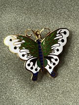 Vintage White w Green &amp; Blue Enamel Goldtone Cloisonne Butterfly Moth Staff Broo - £13.34 GBP