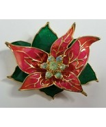 Red &amp; Green Poinsetta Enamel Christmas Flower Vintage Signed FOB Pin Brooch - $14.99