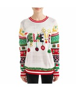 Juniors&#39; Women&#39;s White Ugly Christmas Sweater with Bells - Festive Knitwear - $28.36