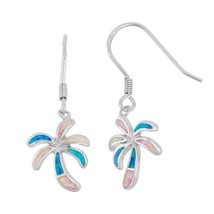 Sterling Silver White, Pink, and Blue Inlay Opal Palm Tree Earrings - £36.41 GBP