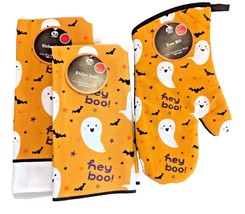 Hey Boo Ghosts Bats Kitchen Towels Oven Mitt Orange Reverse Black 3pc Gi... - $268.08 MXN