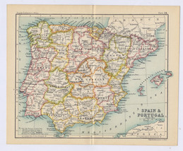 1912 Antique Map Of Spain And Portugal / Verso Madrid / Gibraltar Map - $24.11