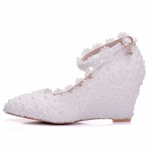 Crystal Queen White Flower Wedding Shoes Lace  High Heels Sweet Bride Dress Shoe - £55.98 GBP