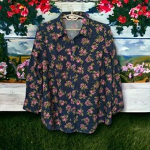 Woman Within Shirt Sz 20 Floral Button Front Top Shacket Cottagecore Cotton Navy - £13.95 GBP