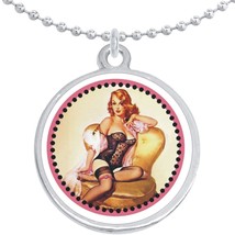 Pin Up Girl Round Pendant Necklace Beautiful Fashion Jewelry - £8.66 GBP
