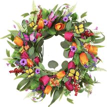 Vibrant 22 Inch Tulip Wreath with Butterflies: Indoor &amp; Outdoor Decor De... - $63.31