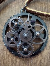 Metal Steampunk Gears Pendant Necklace Worn Leather Adjustable Closure 20 inch - $14.94