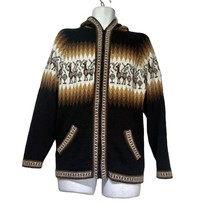 Womens full zip Alpaca Emu Black Brown Hooded Sweater Size XL Mexico - $39.59