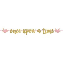 Disney Princess Pink and Glitter Banner Gold Ribbon Birthday Party Suppl... - £4.19 GBP