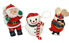 Vintage Flocked Christmas Ornaments Santa Clause Snowman Mouse Lot of 3 - £16.00 GBP