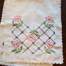 Vintage Table Doily Runner Pink Embroidery 34x13 Inch Crochet Edge - $16.83