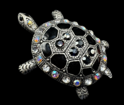 Vintage Turtle Pin Nekclace Charm Silver Rhinestone Metal 2&quot; Black Fasion - $14.00