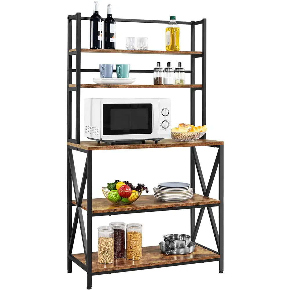 5-Tier Bakers Rack with storage shelf and Adjustable Feet, Rustic Brown - £134.58 GBP