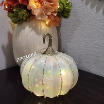 FALL THANKSGIVING WHITE IRIDESCENT LIGHT UP GLASS PUMPKIN HOME DECOR 9&quot; - £36.05 GBP