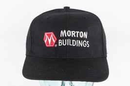 Vtg 90s Morton Buildings Spell Out Adjustable Leather Strapback Hat Cap Black - £18.60 GBP